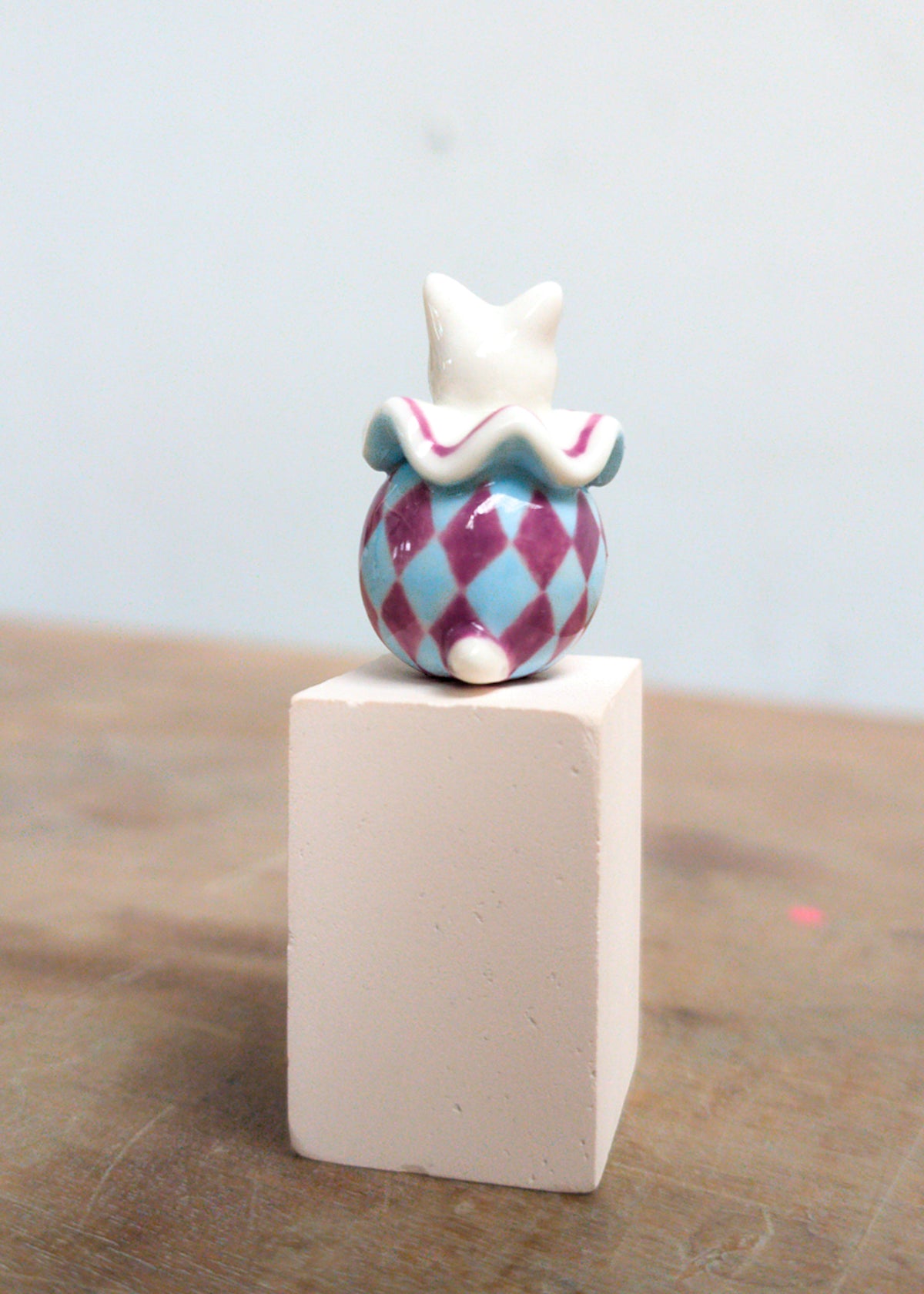 goatPIERROT Ceramic Art Toy 26.09.05 [Cat Pierrot in Light Blue and Purple Harlequin Print with Yellow Eyes]