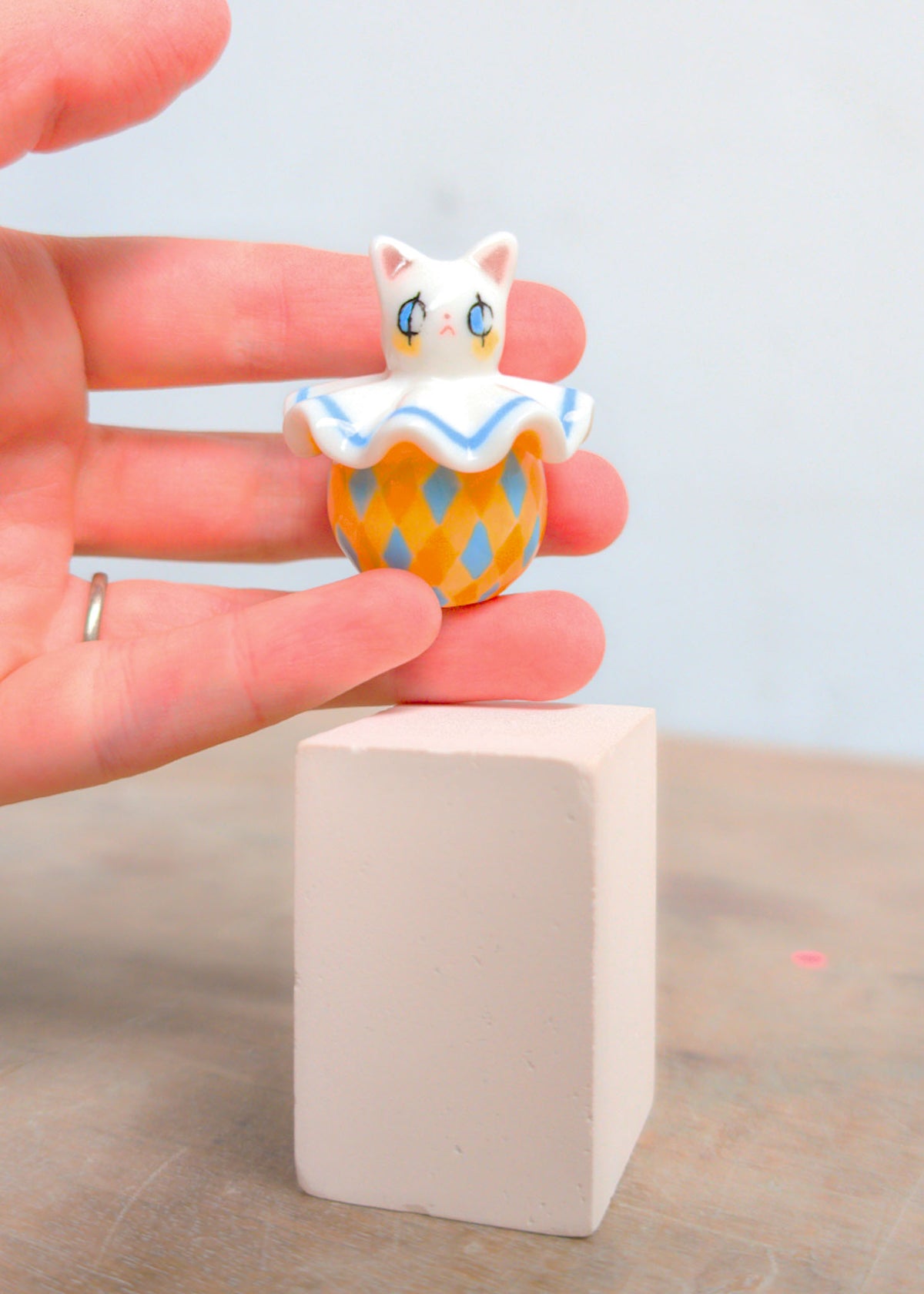 goatPIERROT Ceramic Art Toy 26.09.04 [Holsomcat Pierrot in Orange and Blue Harlequin Print]