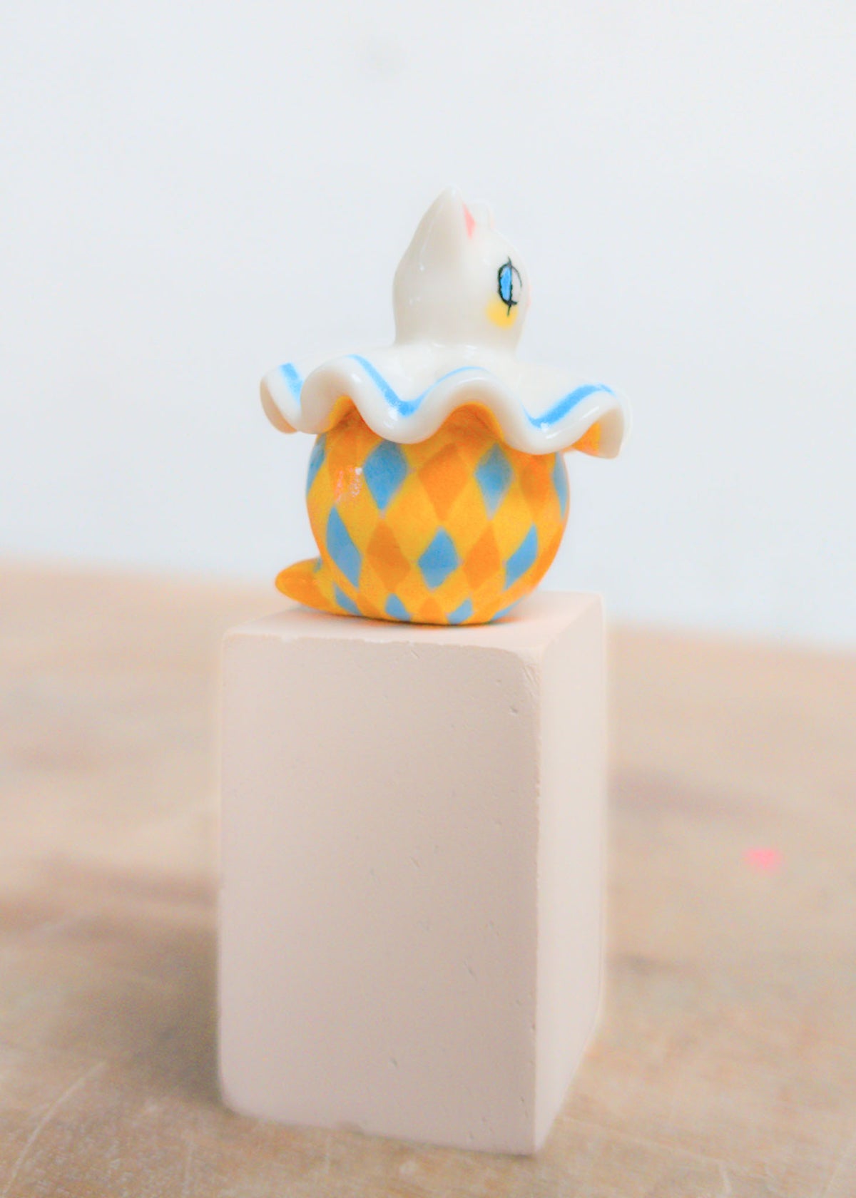 goatPIERROT Ceramic Art Toy 26.09.04 [Holsomcat Pierrot in Orange and Blue Harlequin Print]