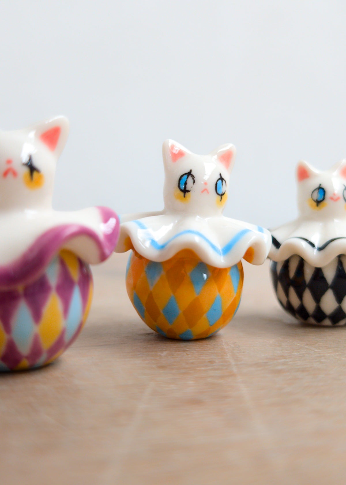 goatPIERROT Ceramic Art Toy 26.09.04 [Holsomcat Pierrot in Orange and Blue Harlequin Print]