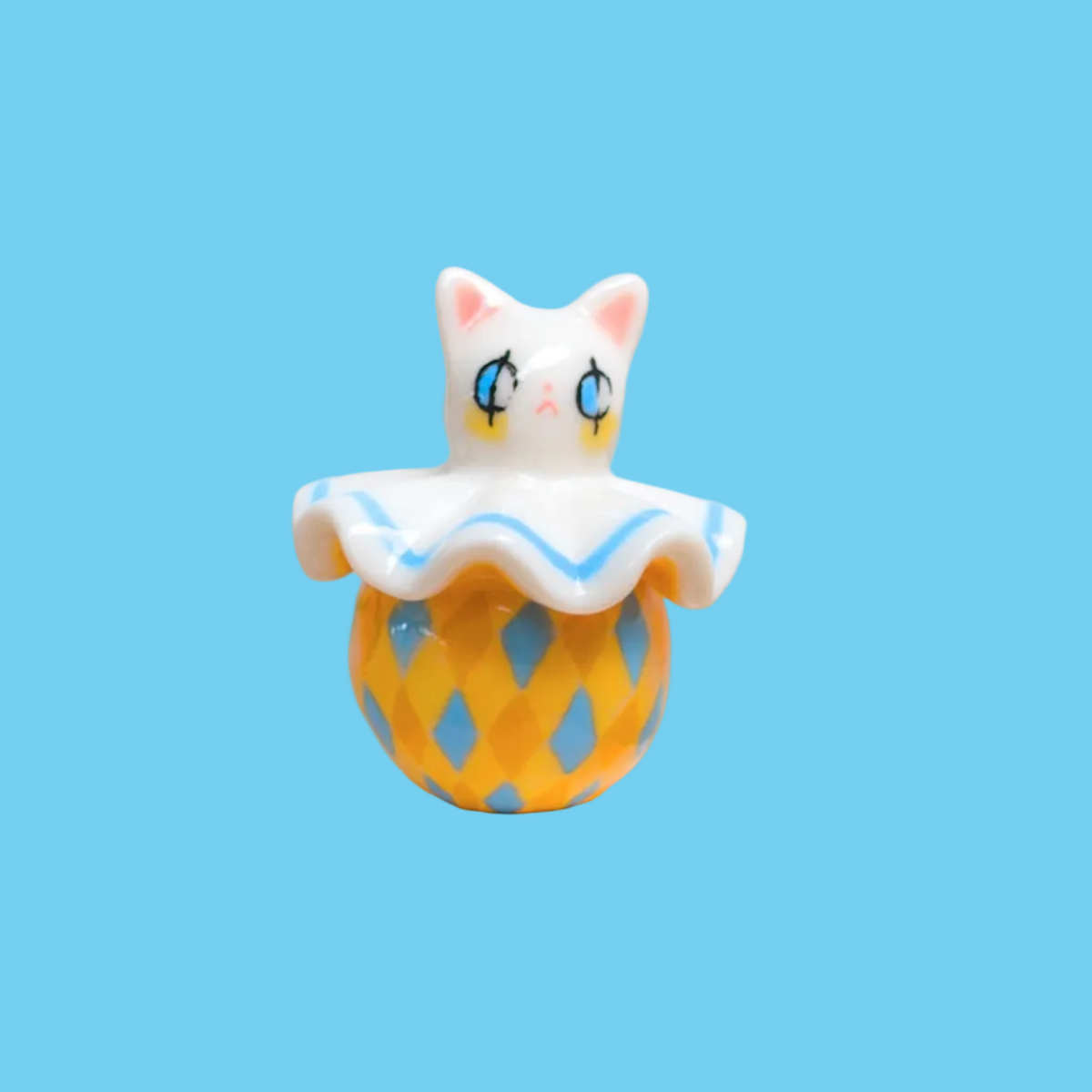 goatPIERROT Ceramic Art Toy 26.09.04 [Holsomcat Pierrot in Orange and Blue Harlequin Print]