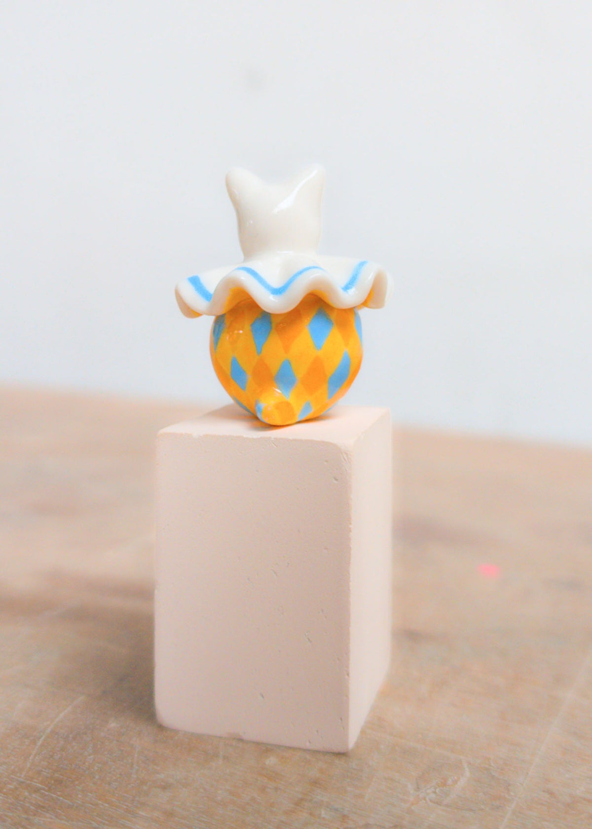 goatPIERROT Ceramic Art Toy 26.09.04 [Holsomcat Pierrot in Orange and Blue Harlequin Print]