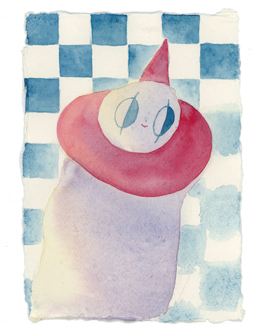 Watercolor #1: "Holsomclown on Blue Checkers" Handmade A5 Watercolor Paper with Deckled Edges