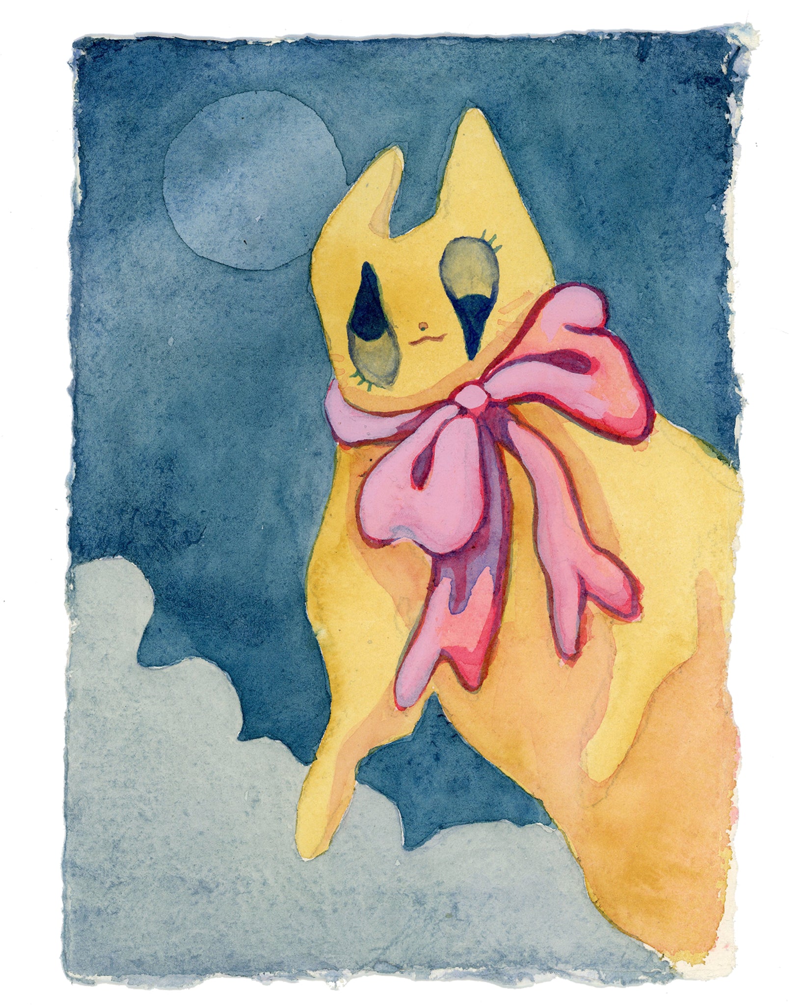 Watercolor #4: "The Rag Cat Under Midwinter Moon" Handmade A5 Watercolor Paper with Deckled Edges