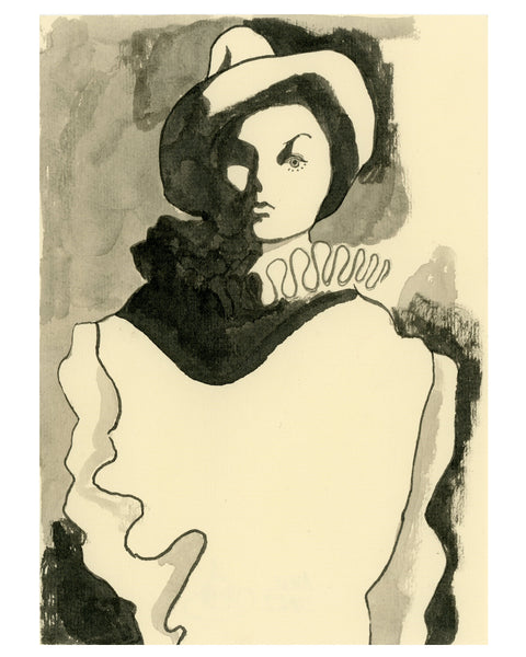 Drawing #125: "Greta Garbo Pierrot Study" [India Ink on Cream Canson Ingres, 5 x 7 inches]