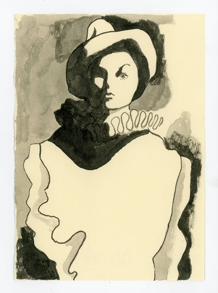 Drawing #125: "Greta Garbo Pierrot Study" [India Ink on Cream Canson Ingres, 5 x 7 inches]