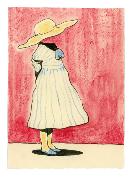 Drawing #127: "Sunhat in Red" [Mixed media on Cream Canson Ingres, 5 x 7 inches]