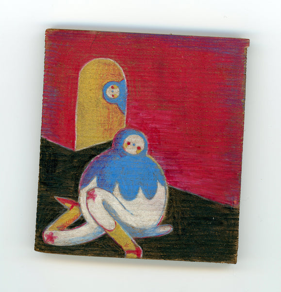 Drawing #126: "Blueflowerbirdman, Alone Except for His Thoughts" [Walnut-stained Pine Wood, 4 x 3 3/4 inches]