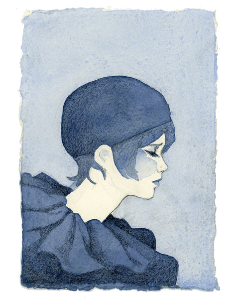 Watercolor #10: "Pierrot in Blue" Handmade A5 Watercolor Paper with Deckled Edges