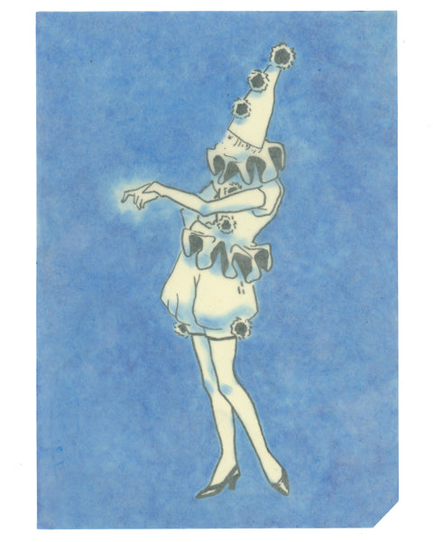 Drawing #121: "Pointing Pierrot in Ultramarine Blue, No.2" [Oil Paint on Beeswaxed Midori A5 paper]