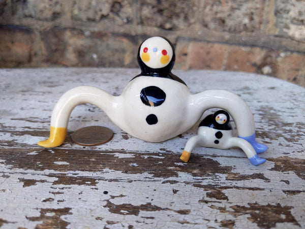 Tinybirdman Ceramic Art Toy [Large Tinybirdman, Both Knees Up, 2.25 inch body diameter, 5 inches from toe to toe, minor cosmetic imperfection]