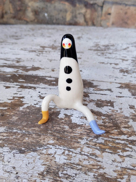 Tinybirdman Ceramic Art Toy [Longestbirdman, One Knee Up, Small Chip On Heel of Blue Boot]