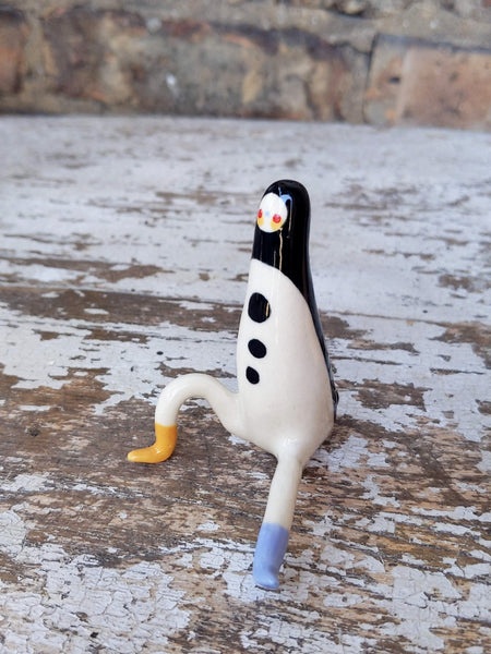 Tinybirdman Ceramic Art Toy [Longestbirdman, One Knee Up, Small Chip On Heel of Blue Boot]