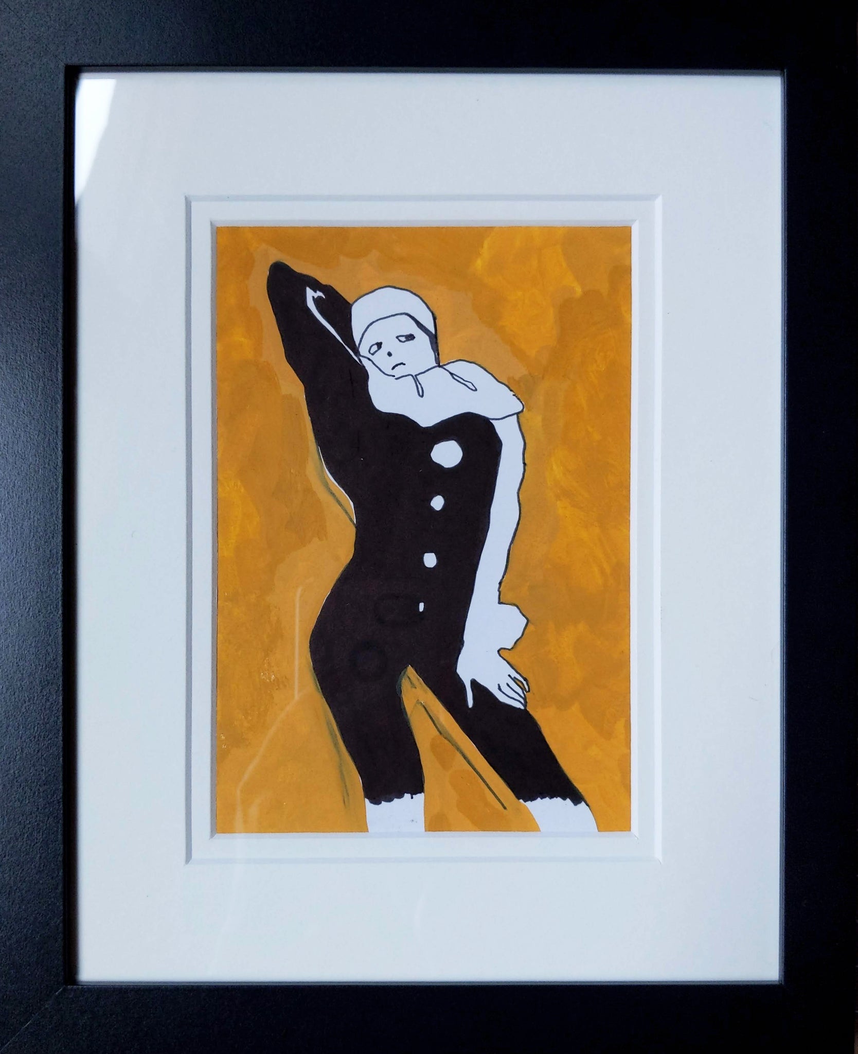 Drawing #100: "Pierrot Moving to the Sound of Marigold" [Gouache and Ink on Illustration Board in Double Matted 8x10 inch Frame]