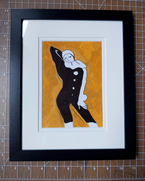 Drawing #100: "Pierrot Moving to the Sound of Marigold" [Gouache and Ink on Illustration Board in Double Matted 8x10 inch Frame]
