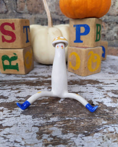 Tinybirdman Ceramic Art Toy [Longestbirdman Yellow Mush Cap Prototype - Blemish on Butt]