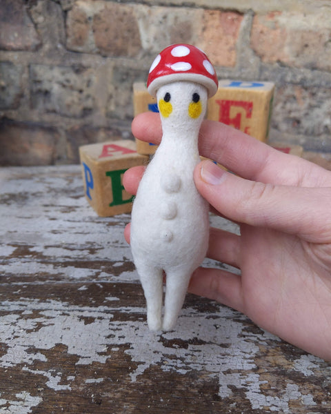Needle Felted Mushroom Art Doll #4 [Merino Wool Body with Red Glazed Porcelain Cap, 5 inches]