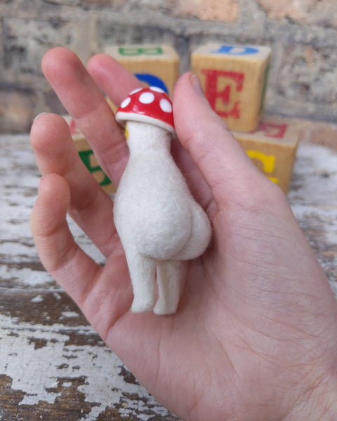 Needle Felted Mushroom Art Doll #5 [Merino Wool Body with Red Glazed Porcelain Cap, Red Eyes, 3.75 inches]