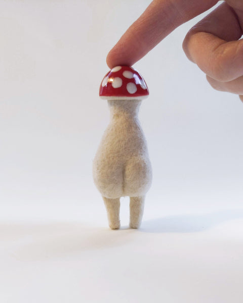 Needle Felted Mushroom Art Doll #5 [Merino Wool Body with Red Glazed Porcelain Cap, Red Eyes, 3.75 inches]