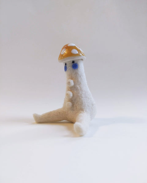 Needle Felted Mushroom Art Doll #3 [Merino Wool Body with Yellow Glazed Porcelain Cap, 2.5 inches]