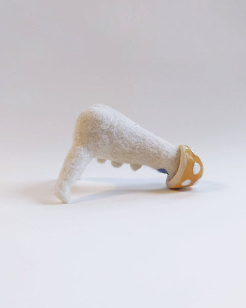 Needle Felted Mushroom Art Doll #3 [Merino Wool Body with Yellow Glazed Porcelain Cap, 2.5 inches]