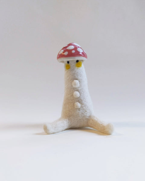Needle Felted Mushroom Art Doll #2 [Merino Wool Body with Pink Glazed Porcelain Cap, 2.75 inches]