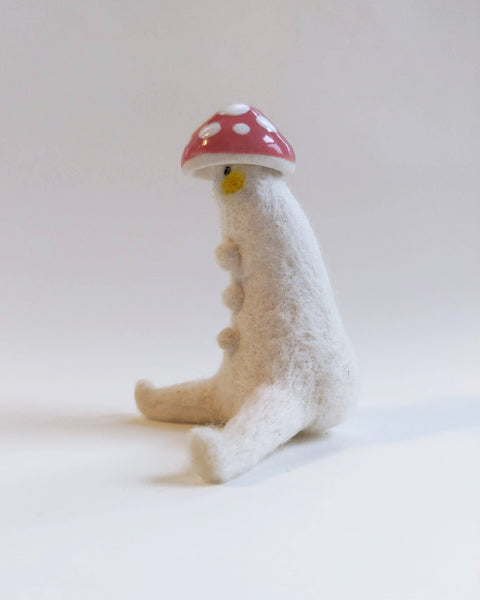 Needle Felted Mushroom Art Doll #2 [Merino Wool Body with Pink Glazed Porcelain Cap, 2.75 inches]