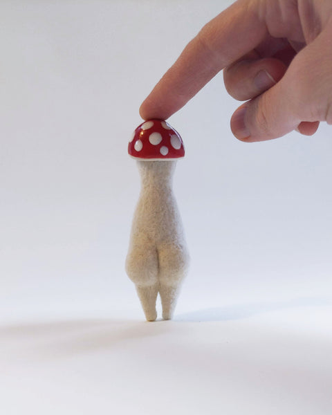 Needle Felted Mushroom Art Doll #6 [Merino Wool Body with Red Glazed Porcelain Cap, Red Eyes, 3.75 inches]