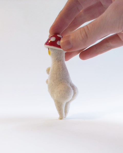 Needle Felted Mushroom Art Doll #6 [Merino Wool Body with Red Glazed Porcelain Cap, Red Eyes, 3.75 inches]