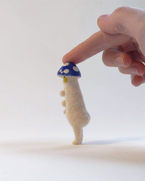 Needle Felted Mushroom Art Doll #1 [Merino Wool Body with Blue Glazed Porcelain Cap, 3 inches]