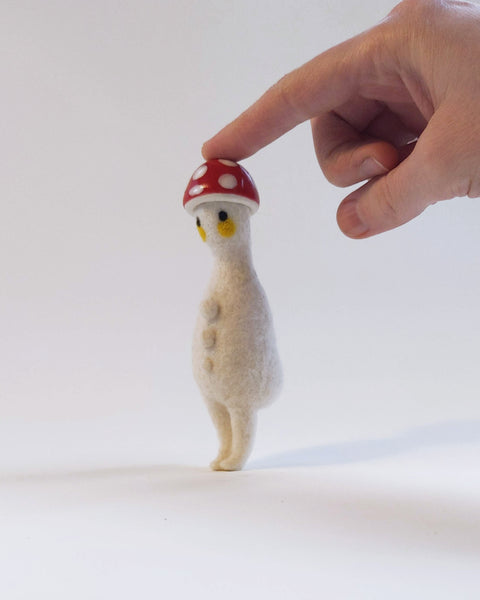 Needle Felted Mushroom Art Doll #4 [Merino Wool Body with Red Glazed Porcelain Cap, 5 inches]