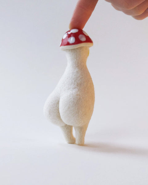 Needle Felted Mushroom Art Doll #11 [Merino Wool Body with Red Glazed Porcelain Cap, 3.75 inches]