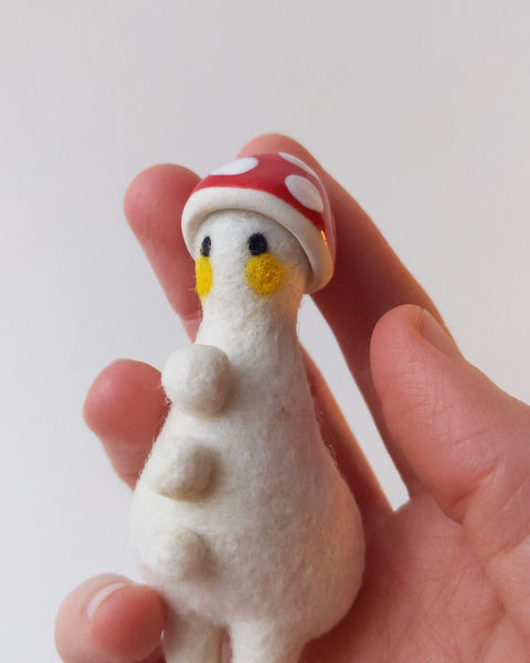 Needle Felted Mushroom Art Doll #9 [Merino Wool Body with Red Glazed Porcelain Cap, 3.2 inches]