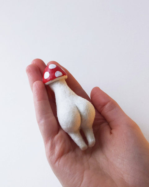 Needle Felted Mushroom Art Doll #9 [Merino Wool Body with Red Glazed Porcelain Cap, 3.2 inches]