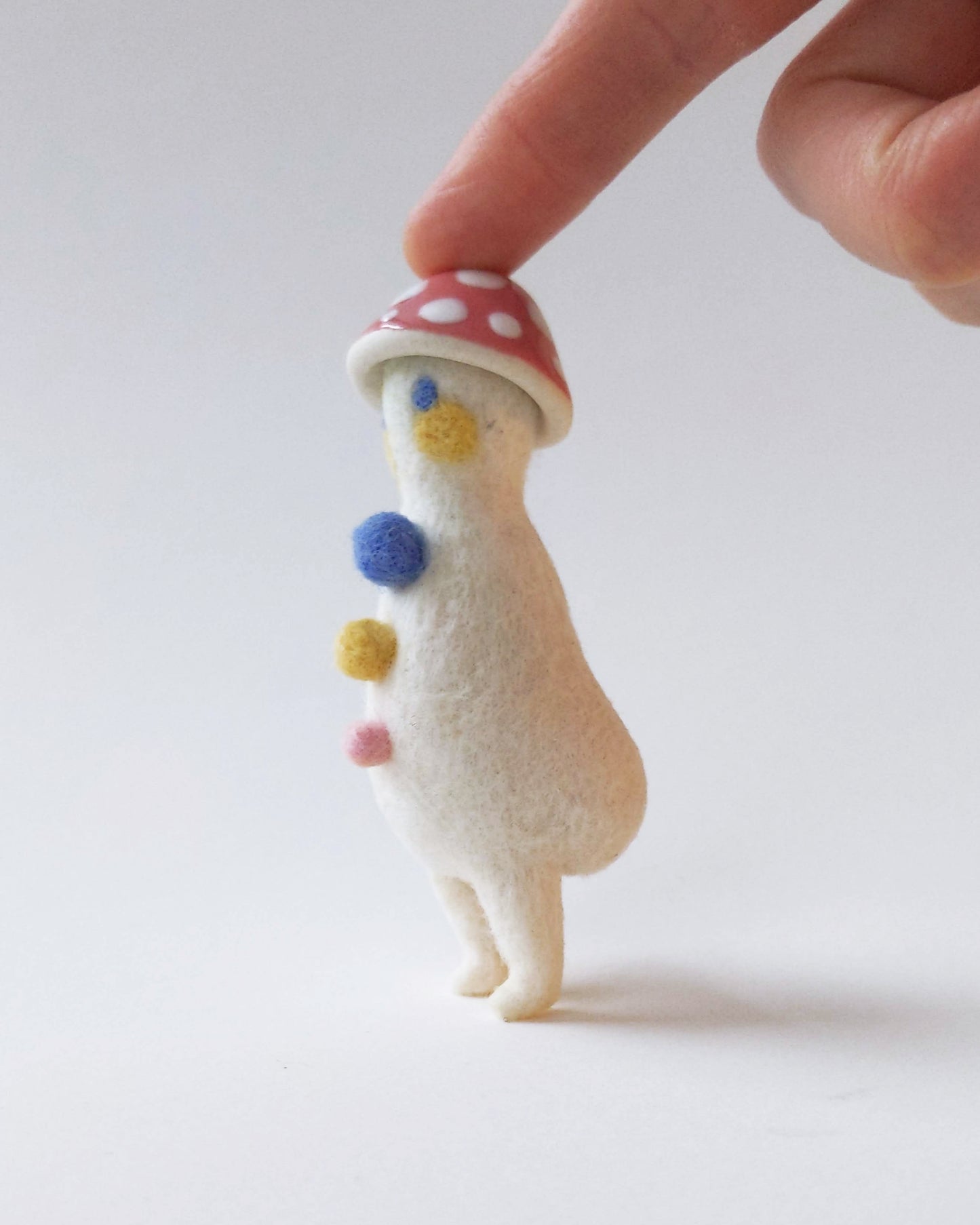 Needle Felted Mushroom Art Doll #8 [Merino Wool Body with Pink Glazed Porcelain Cap, 3.25 inches]