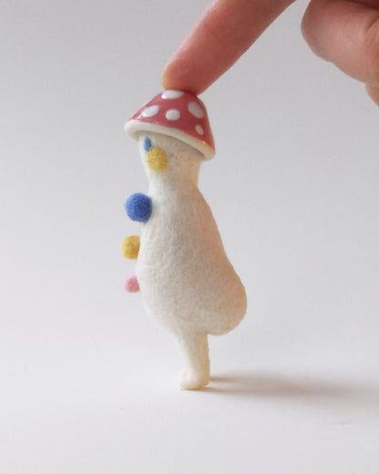 Needle Felted Mushroom Art Doll #8 [Merino Wool Body with Pink Glazed Porcelain Cap, 3.25 inches]