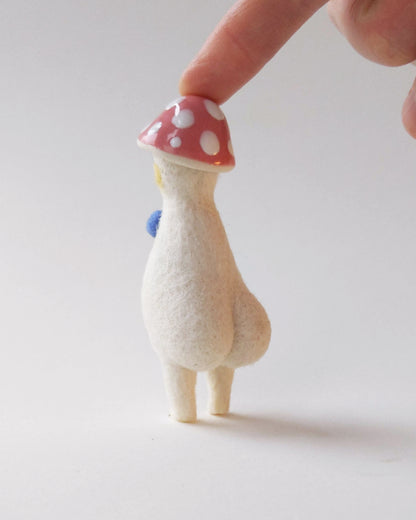 Needle Felted Mushroom Art Doll #8 [Merino Wool Body with Pink Glazed Porcelain Cap, 3.25 inches]