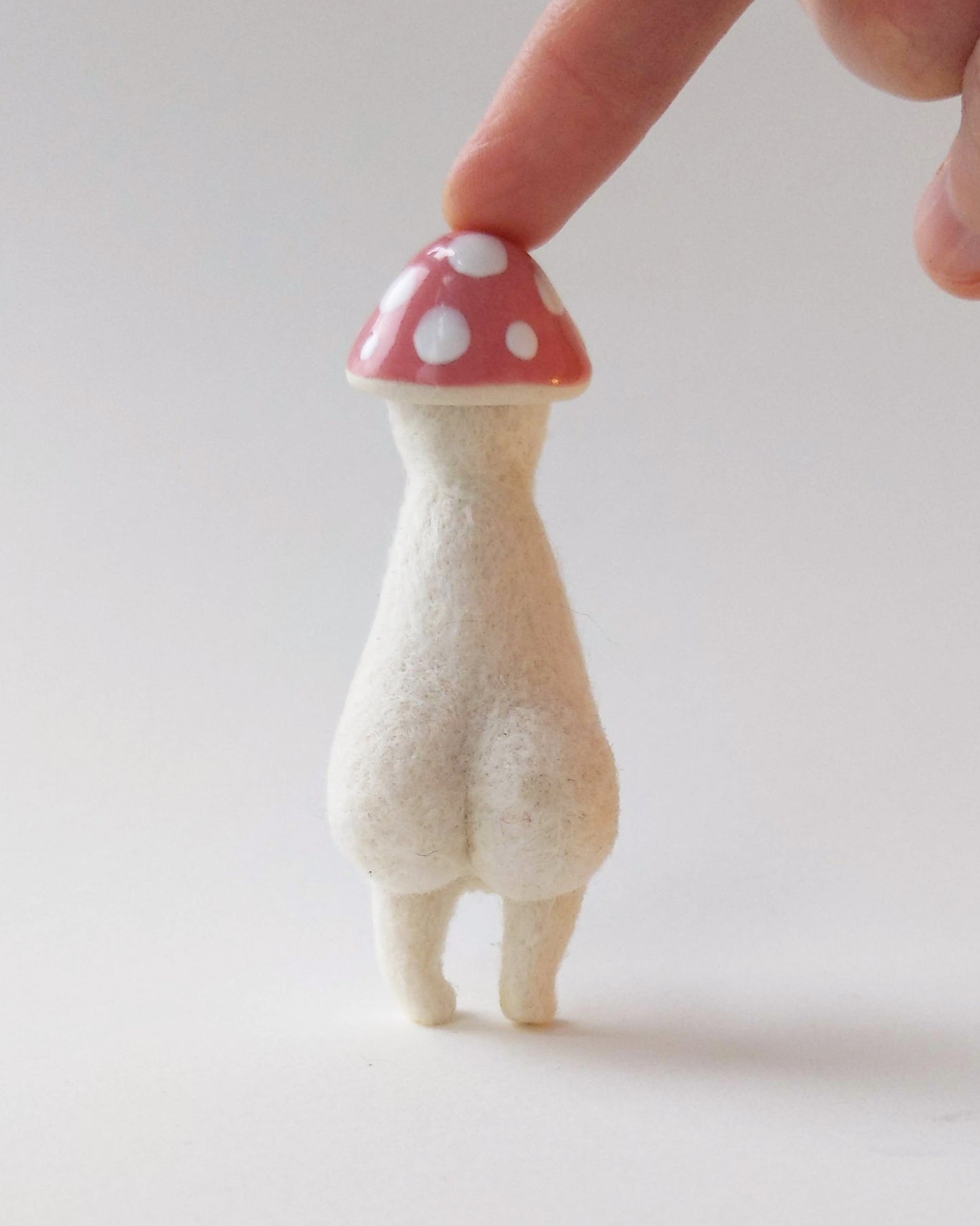 Needle Felted Mushroom Art Doll #8 [Merino Wool Body with Pink Glazed Porcelain Cap, 3.25 inches]