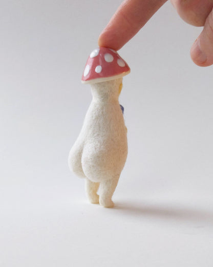 Needle Felted Mushroom Art Doll #8 [Merino Wool Body with Pink Glazed Porcelain Cap, 3.25 inches]