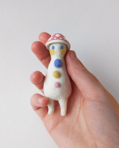 Needle Felted Mushroom Art Doll #8 [Merino Wool Body with Pink Glazed Porcelain Cap, 3.25 inches]