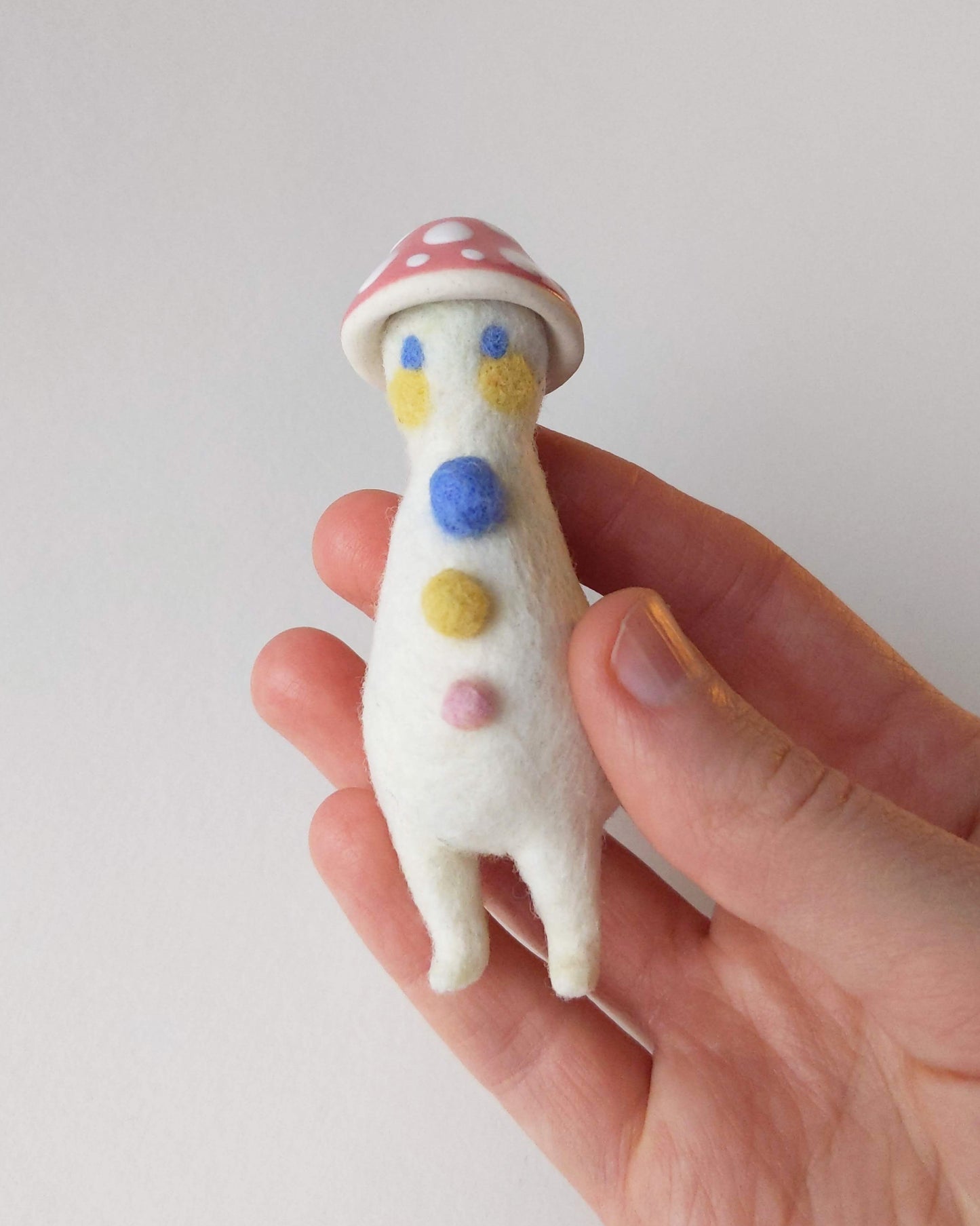 Needle Felted Mushroom Art Doll #8 [Merino Wool Body with Pink Glazed Porcelain Cap, 3.25 inches]