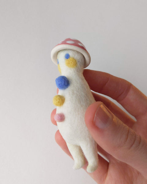 Needle Felted Mushroom Art Doll #8 [Merino Wool Body with Pink Glazed Porcelain Cap, 3.25 inches]