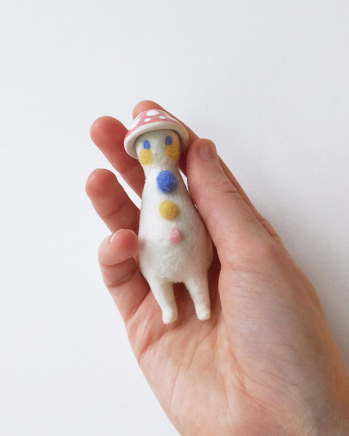 Needle Felted Mushroom Art Doll #8 [Merino Wool Body with Pink Glazed Porcelain Cap, 3.25 inches]