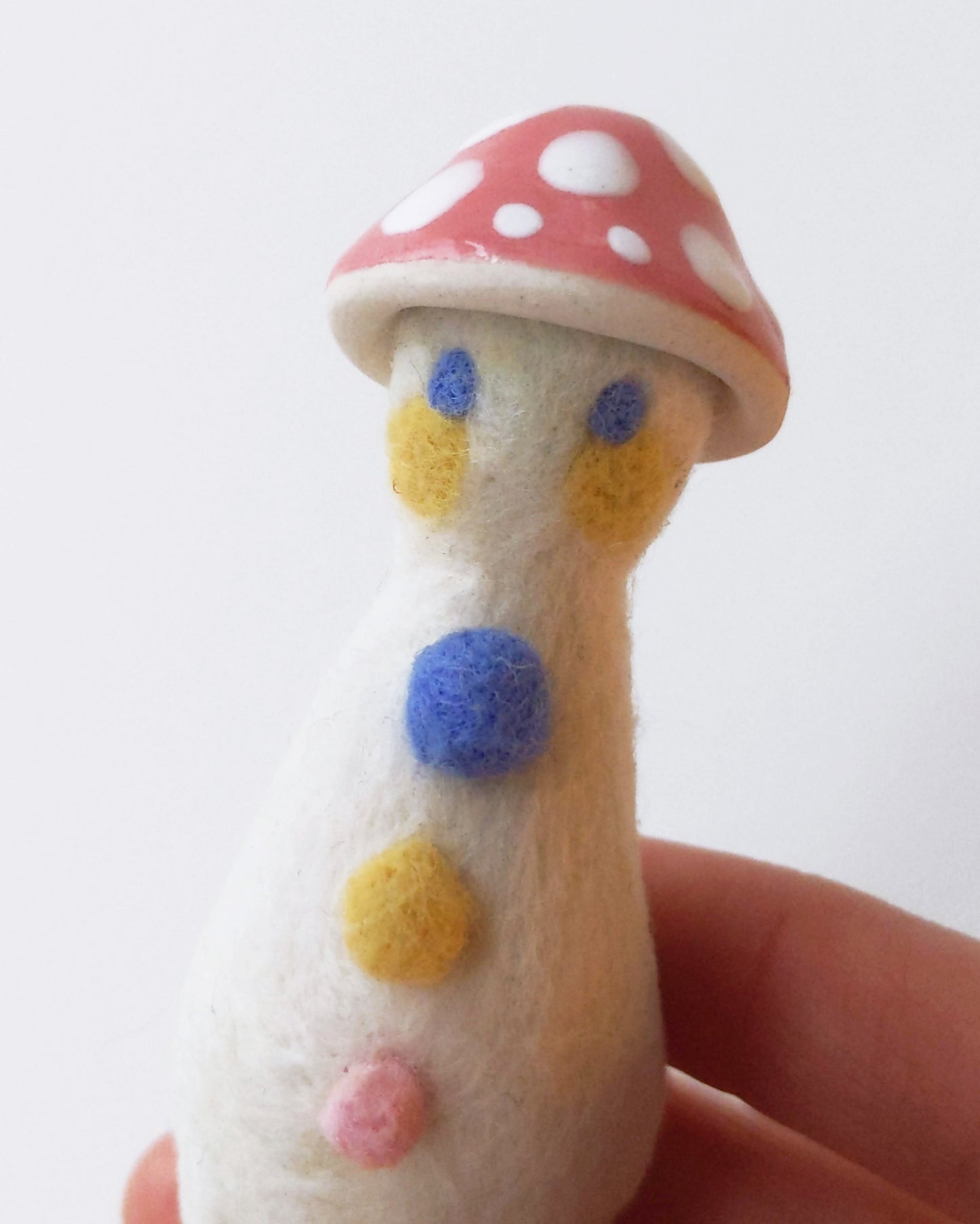 Needle Felted Mushroom Art Doll #8 [Merino Wool Body with Pink Glazed Porcelain Cap, 3.25 inches]