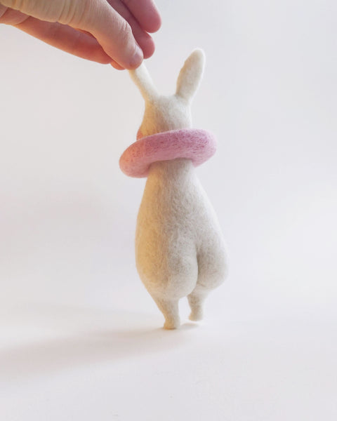 Needle Felted Art Doll: Bunny Pierrot #5 - Strawberry Mint  [6.5 inches tall, 100%  Wool]