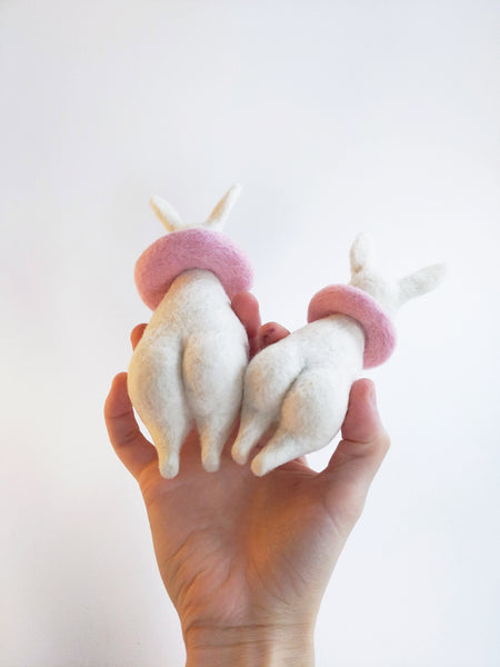 Needle Felted Art Doll: Bunny Pierrot #6 - Strawberry Mint  [6 inches tall, 100%  Wool]