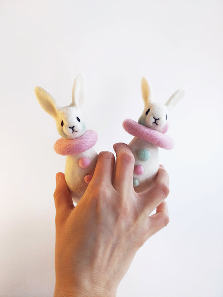 Needle Felted Art Doll: Bunny Pierrot #5 - Strawberry Mint  [6.5 inches tall, 100%  Wool]