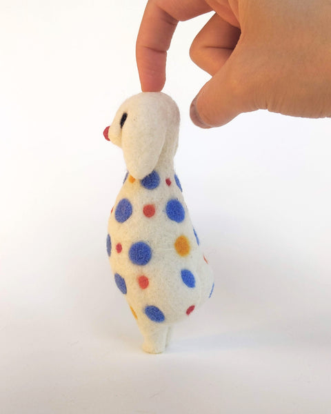 Needle Felted Art Doll: Lop-Eared Polka Dot Clown Rabbit [5 inches tall, 100%  Wool]