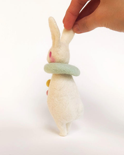Needle Felted Art Doll: Bunny Pierrot #9 - Pink-eyed Stoplight [6 inches tall, 100%  Wool]