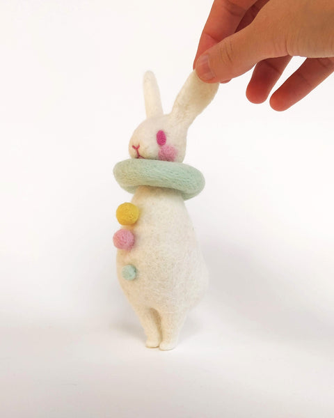 Needle Felted Art Doll: Bunny Pierrot #9 - Pink-eyed Stoplight [6 inches tall, 100%  Wool]